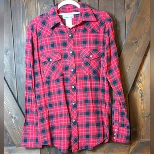 Wrangler Wrancher Flannel Pearl Snap Mens Size Medium  Long Sleeve Red Plaid